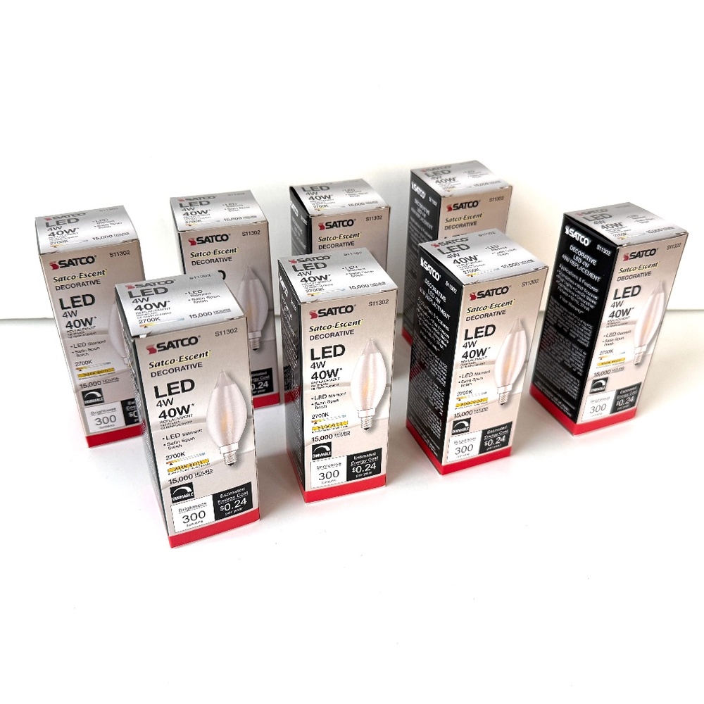 Satco 40W LED Candelabra Light Bulbs S11302 Satin Spun Finish - 8 Bulbs - New